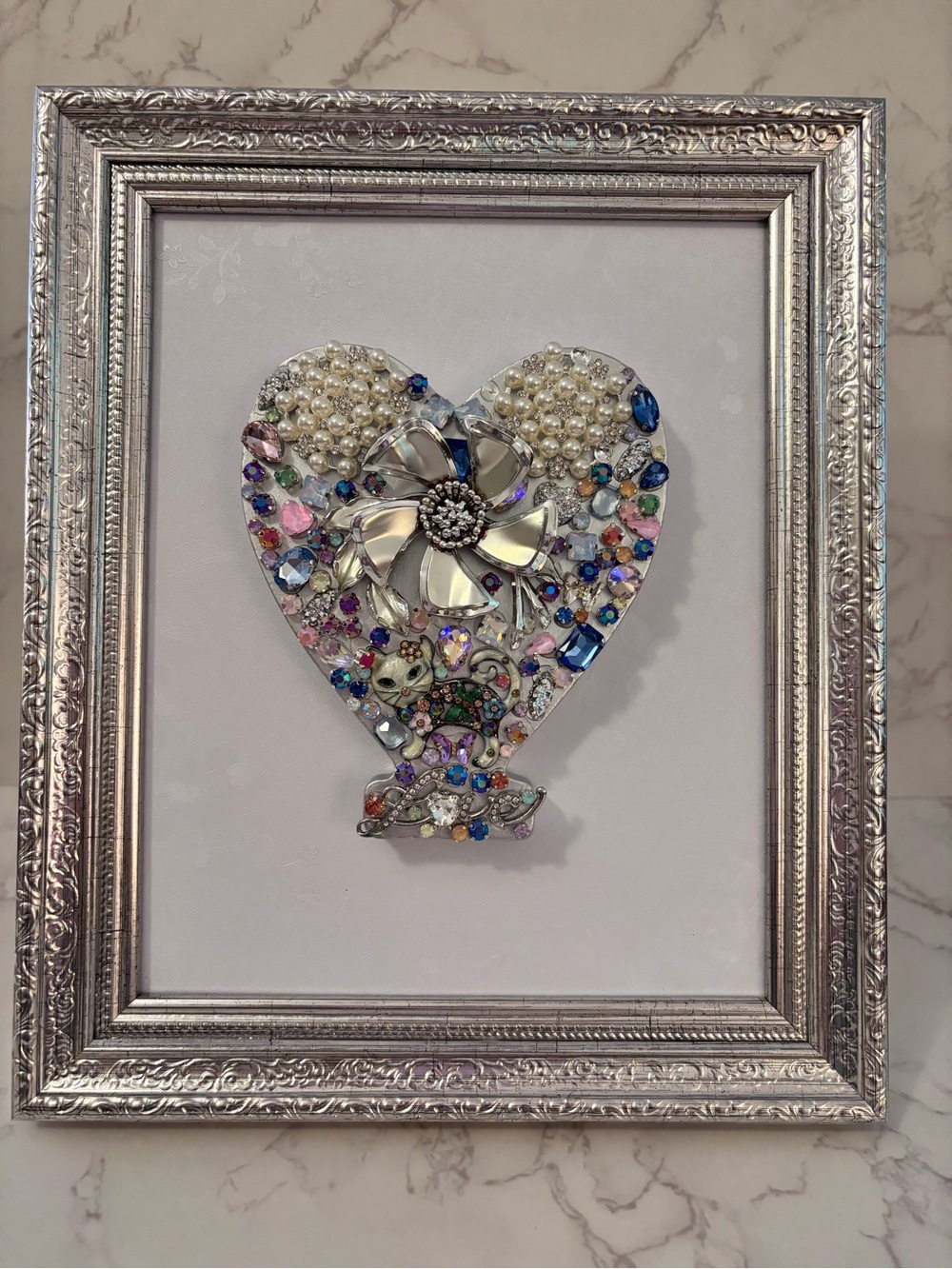 Embellished Jeweled Heart Art in Silver Frame